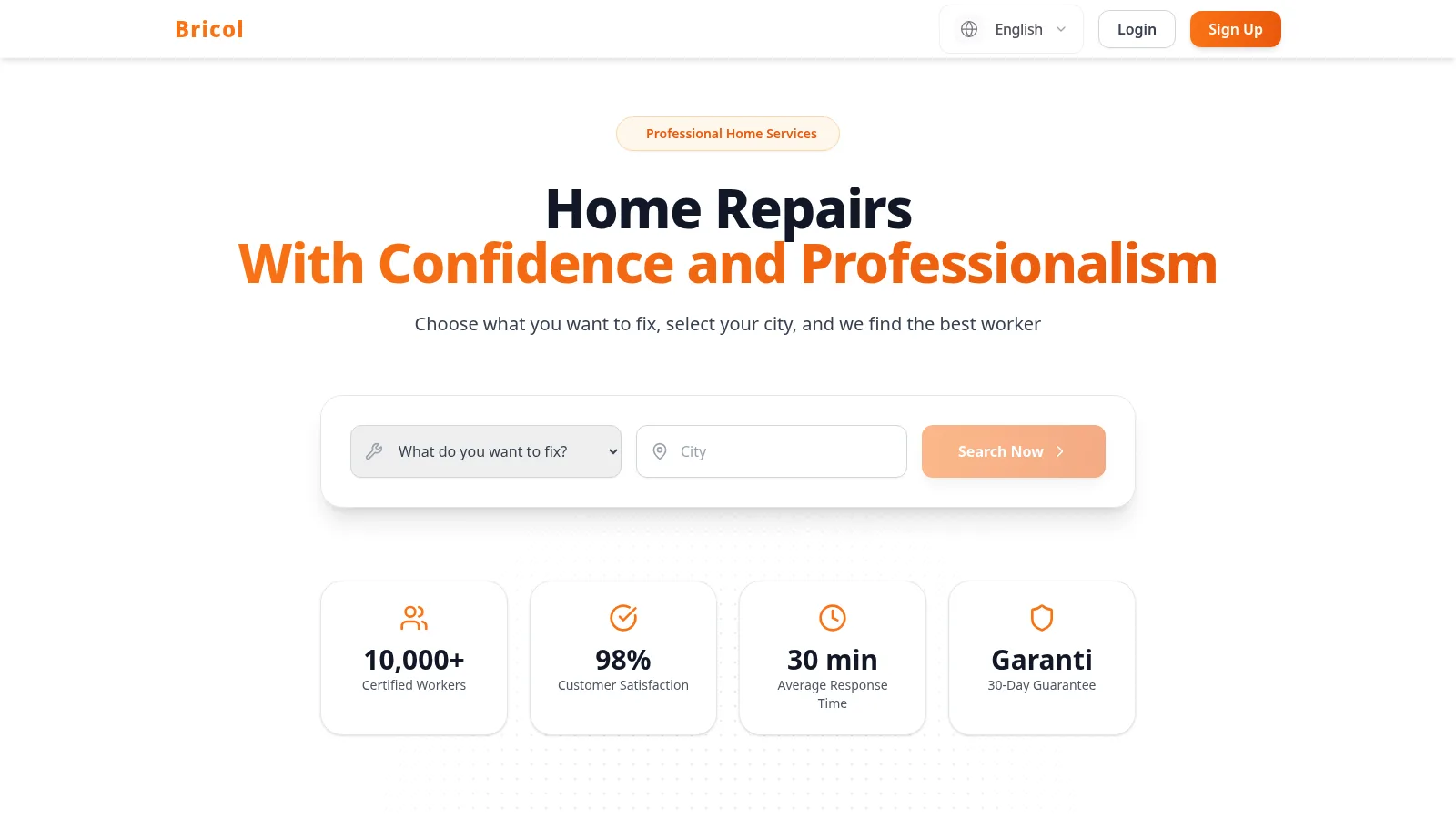 Bricol home-services marketplace homepage with worker search controls