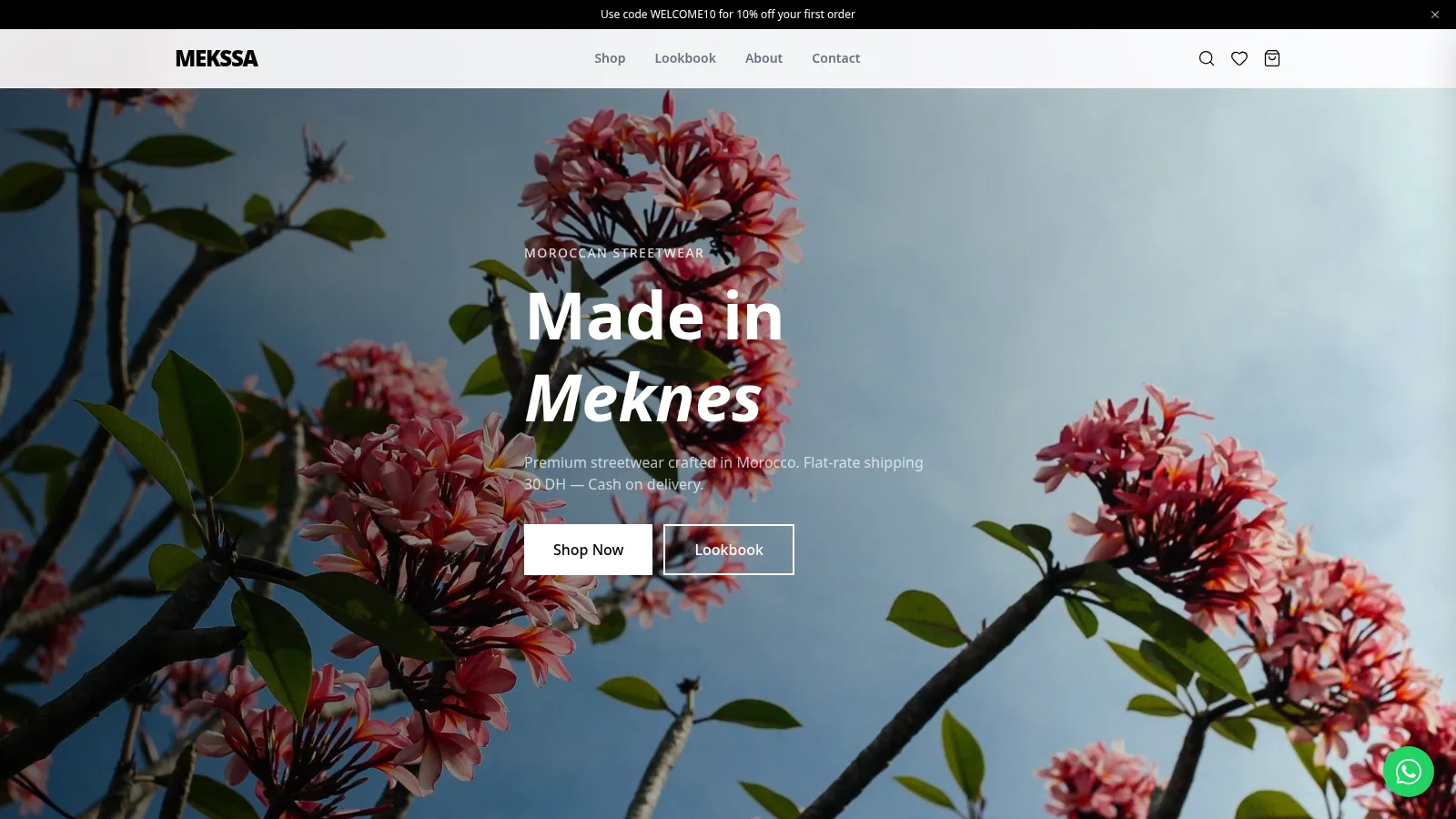 MEKSSA streetwear homepage with the Made in Meknes hero over pink blossoms